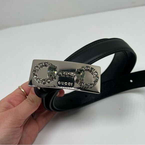 Gucci Black Leather Crystal Horsebit Plate Belt 95-38